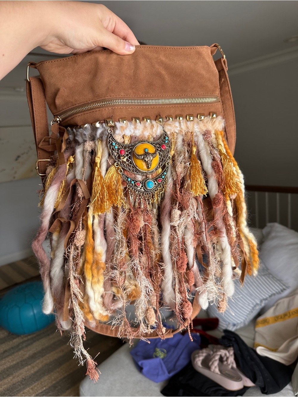 Boho Tan Fringe Vegan Crossbody Bag Western